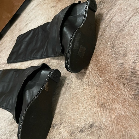 Chanel Foldover Knee High Cap Toe Chain Wedge Heel Boots - Picture 8 of 11